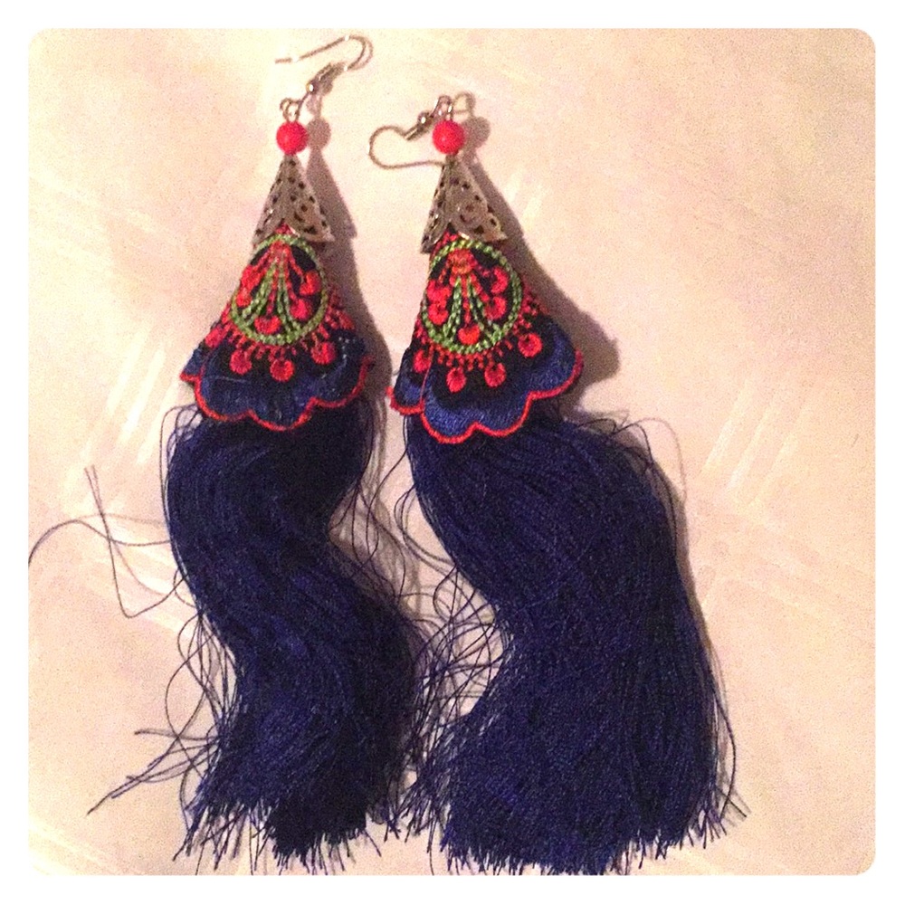 Miao Hill Tribe Tassel Earrings, Blue, Red, Silver